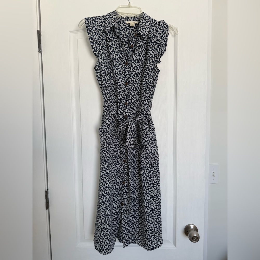 White and Blue Floral Button Down Tie Waist Dress